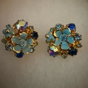 Vintage Austria Crystal Floral Clip-On Earrings Blue Enamel Gold-Tone